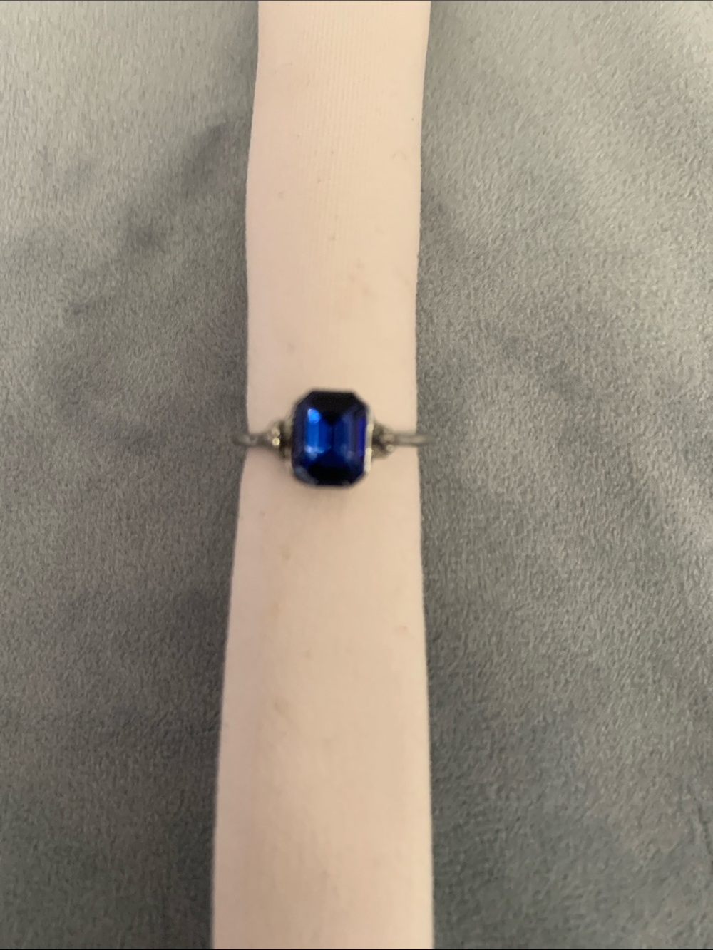 Silver Tone Emerald-Cut Blue Sapphire Stone Ring size 5
